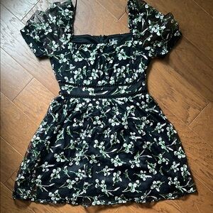 Lulu's Black and White Fit and Flare Puff Sleeve Dress